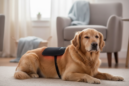 GlowPad on dog - black side up, belt strap